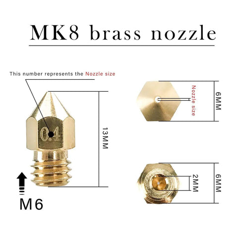 Diagram of MK8 brass nozzle with dimensions, part of 24 Piece Brass MK8 3D Printer Nozzle Set For Makers Pro Grade With 0.2mm 0.4mm 0.6mm 0.8mm 1.0mm Nozzles, DIY Tools And Metal Storage Box, Ready To Print, Compatible With CR 10 Ender 3 Series And More