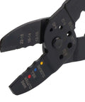 Close-up of Pro Grade Multi Function Wire Terminal Crimping Pliers with carbon steel blade, ergonomic handle, for electrical projects