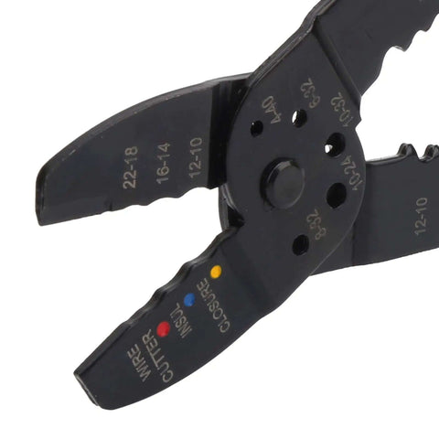 Close-up of Pro Grade Multi Function Wire Terminal Crimping Pliers with carbon steel blade, ergonomic handle, for electrical projects