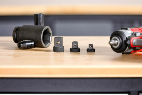 Low Profile Impact Socket Adapter Set For Tight Spots With 1/4 In F To 3/8 In M 3/8 In F To 1/2 In M 1/2 In F To 3/4 In M Heat Treated Chrome Vanadium Steel Knurled Grip For Enhanced Dexterity And Long Life