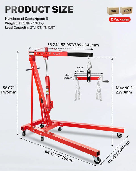 Heavy Duty 2 Ton Hydraulic Engine Hoist Crane With Manual Lever And Compact Folding Design featuring size dimensions and details.