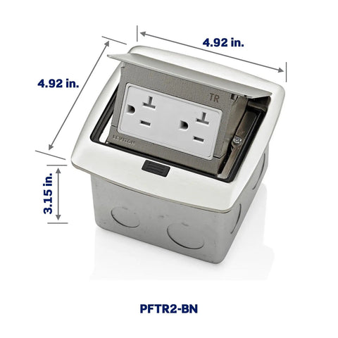 Pop Up Floor Box With 20 Amp Tamper Resistant Outlet Brushed Nickel PFTR2 BN Low Profile Recessed Cover open view with dimensions