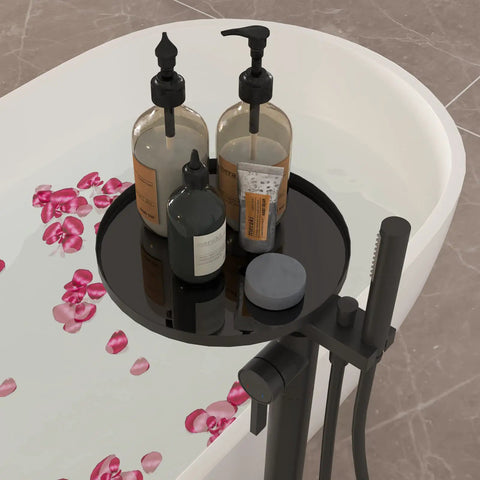 Matte Black Freestanding Bathtub Faucet With Shelf, Floor Mount Tub Filler, Handheld Brass Mixer, and shower faucets kit next to bath