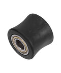 Beefy 10mm Nylon Chain Roller Pulley Tensioner With Concave Guide Wheel Slider For Mini Motorcycle Dirt Bike And Atv Go Kart In Durable Black Finish, showing a black nylon roller with steel bearings.