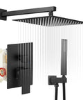 Complete Matte Black Shower System With 10 Inch Square Rain Shower Head And Handheld High Pressure Brass Valve Rough In Kit