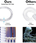 Comparison of 100Ft LED Rope Lights Outdoor With 720 LEDs showing clear PVC tube vs frosted tube with installation examples