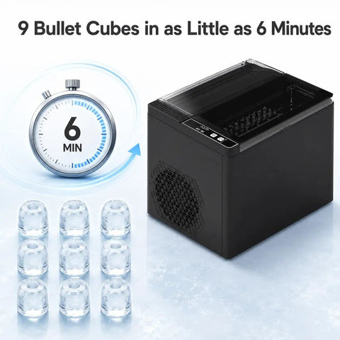 Portable Countertop Ice Maker Slings Nine Swift Bullet Cubes In Six Minutes And Cranks Out Twenty Six Pounds Daily with timer and ice.