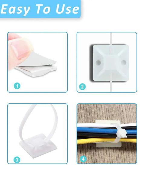100 Piece Pro Grade Adhesive Cable Zip Tie Mount Kit With 8 Inch UV Resistant Ties for indoor outdoor wire organization