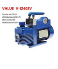 Badass Two Stage Rotary Vane Refrigerant Vacuum Pump With Pressure Gauge Hits Four CFM For Lightning Fast High Vacuum In HVAC And AC Systems With Gas Ballast To Cut Condensation, blue unit with gauge.