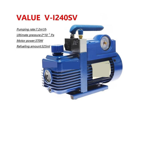 Badass Two Stage Rotary Vane Refrigerant Vacuum Pump With Pressure Gauge Hits Four CFM For Lightning Fast High Vacuum In HVAC And AC Systems With Gas Ballast To Cut Condensation, blue unit with gauge.