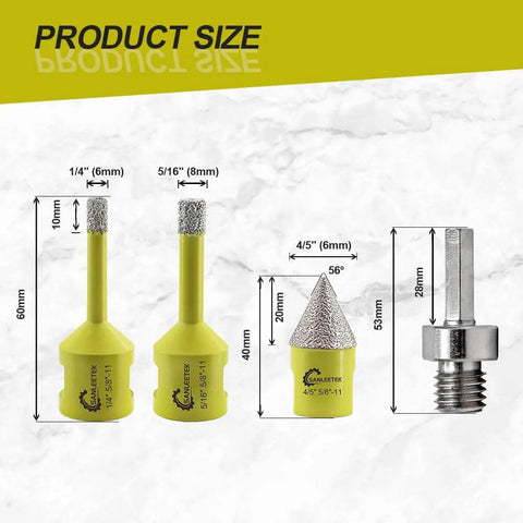 Diamond core drill bit set; yellow SANLETEK bits with two diamond hole saws (6/8mm), 20mm bevel bit, 5/8-11 adapter