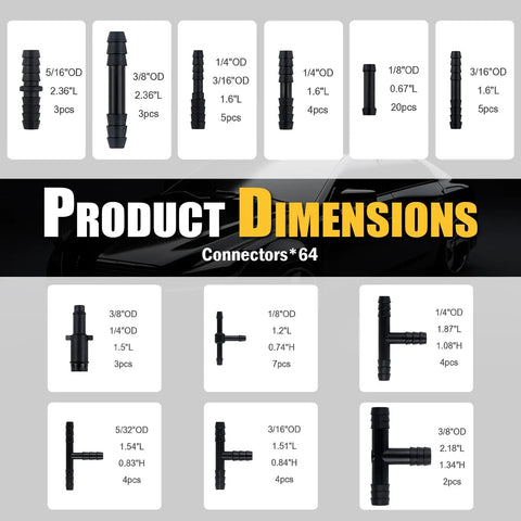 Connector dimensions for Six Piece Five Foot Silicone Vacuum Hose Kit With Sizes From One Eighth To Three Eighths Inch Includes Twenty Four Hose Clamps And Sixty Four Connectors The Easy Automotive Vacuum Line Repair Set For DIY Projects And Car Maintenance.