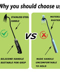 Comparison of two weed puller tools: durable high-quality silicone handle vs rusted nude handle. Three Piece Weed Puller Tool Set For Easy Weeding Portable Garden Weeder Hand Tool For Vegetable Gardening And Backyard Farm Uprooting Weeds Fast Without Strain Durable High Quality Garden Weeding Tools.