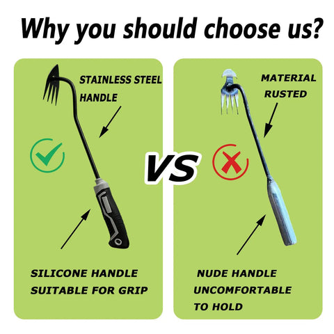 Comparison of two weed puller tools: durable high-quality silicone handle vs rusted nude handle. Three Piece Weed Puller Tool Set For Easy Weeding Portable Garden Weeder Hand Tool For Vegetable Gardening And Backyard Farm Uprooting Weeds Fast Without Strain Durable High Quality Garden Weeding Tools.