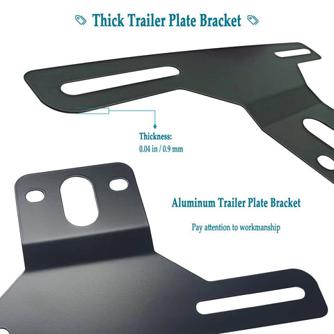 Close-up of aluminum Trailer License Plate Bracket Holder for ATV RV boat jet ski snowmobile mounting kit with thickness details