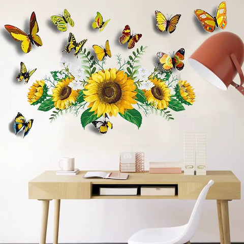Sunflower Wall Stickers With 3D Butterflies Set, Yellow Flower Wall Decal, Waterproof Vinyl Peel And Stick Decor above desk