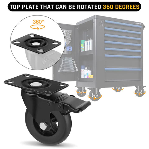Heavy Duty 4 Inch Locking Swivel Caster Wheels Set Of Four Solid Rubber Furniture Cart Casters Loaded Up Without Breaking A Sweat Roll Like Butter 2200 Lbs Max Payload showcasing 360-degree rotating top plate.