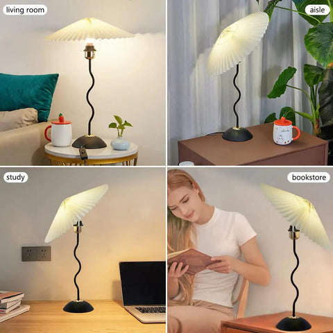 Harp Folding Lamp Set Two Pieces, Modern Umbrella Pleated Desk Lamp With White Shade in different room settings