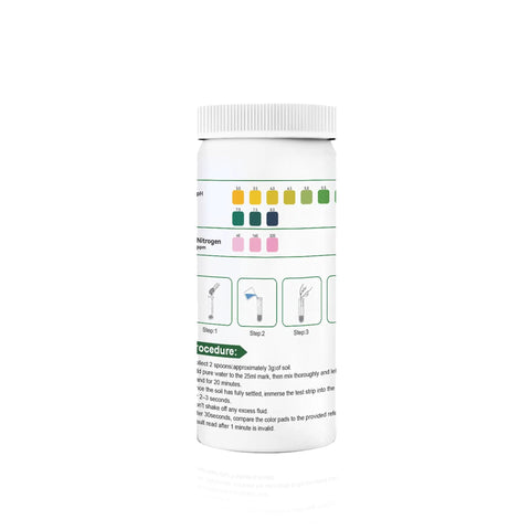 Container of 2 In 1 Soil pH Test Kit With Nitrogen Strips, 50 Count, Accurate Soil Tester instructions on label