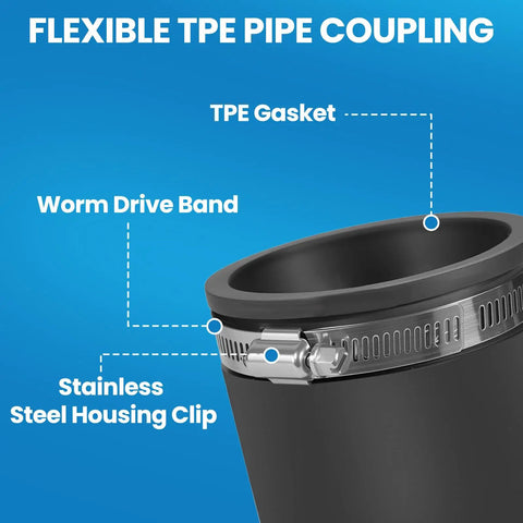 Close-up of Two Pack 1 Inch Flexible PVC Pipe Coupling With Stainless Steel Clamps showing TPE gasket and worm drive band details.