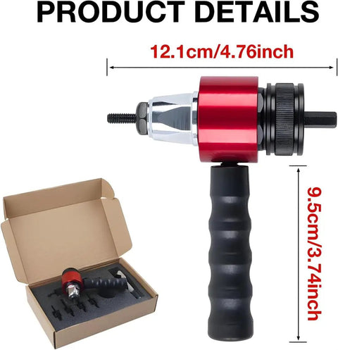 Electric Rivet Gun Adapter for Drill Complete Kit with Heavy Duty Rivet Nut Tool Cordless Rivnut Attachment dimensions shown
