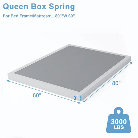 Heavy Duty Queen Box Spring Low Profile Bed Base featuring 3000 lbs capacity, 80" x 60", 3" height, reinforced steel.