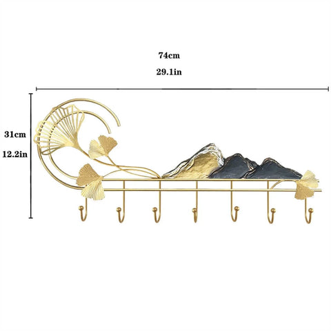 Modern Wall Mount Coat Rack Featuring Seven Heavy Duty Metal Hooks That Truly Knock Your Socks Off For Entryway Organization Hat Jacket Scarf Display Slick Home Upgrade in gold with decorative design.