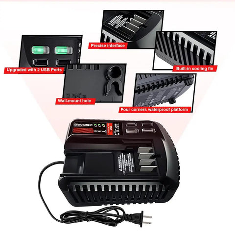 Fast 20V Battery Charger For Craftsman Batteries CMCB104 CMCB204 CMCB202 CMCB201 with dual USB and cooling fin design