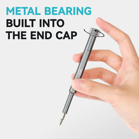 Demonstration of metal bearing feature in 25 In 1 Magnetic Precision Screwdriver Set Compact Mini Repair Kit for electronics repair.