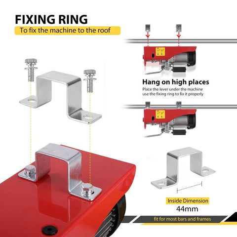 VIVOHOME electric hoist with zinc-plated mounting brackets and screws on a red hoist body