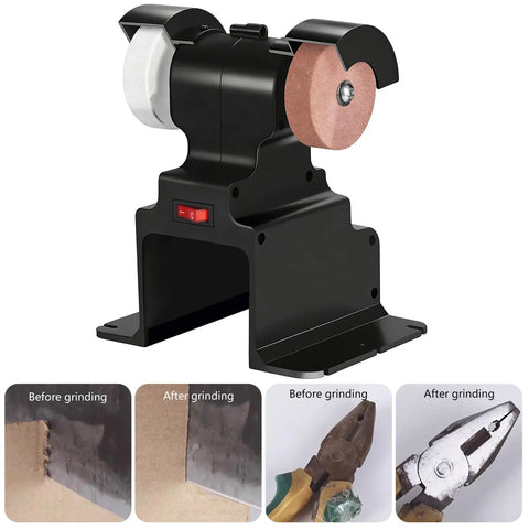 Cordless Electric Bench Grinder 18V Powered Dual Wheel Polishing And Grinding Machine With Guard, before and after results shown.
