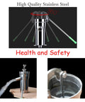 Locci manual stainless steel deep-well water pump, front view with long lever handle.
Locci manual stainless steel deep-well water pump, side view dispensing water onto a wooden surface.
Close-up view of a stainless steel well pump with its spout filling a metal bucket.