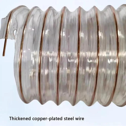 Battle Tested Flexible Vacuum Hose Heavy Duty Pu Dust Collection Tubing Woven With Steel Wire close-up showing clear tubing and copper-plated wire.
