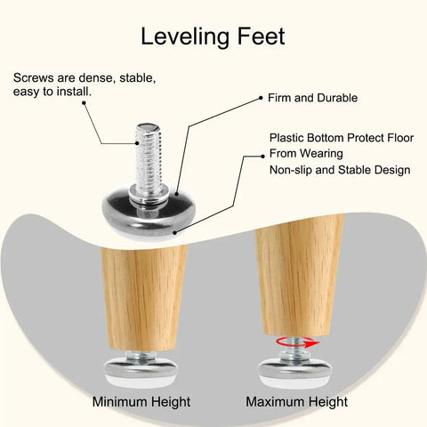 Diagram showing M8 Screw On Furniture Glide Leveling Feet, adjustable height with plastic base for chairs and machine legs.