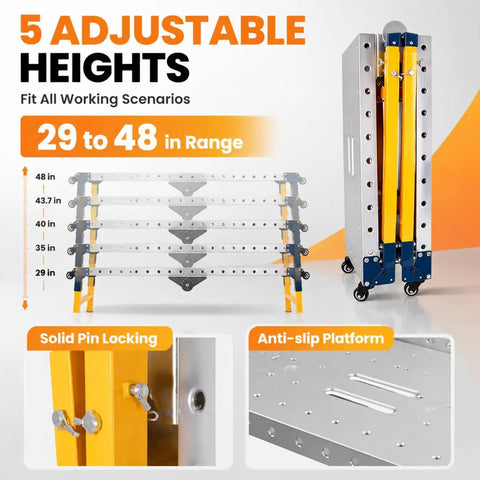 Portable Welding Table And Rollable Fabrication Workstation With 1200 Pound Capacity showing adjustable heights from 29 to 48 inches.