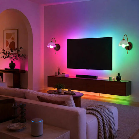 Vintage Wireless Wall Sconces Set of Two Dimmable Rechargeable Wall Sconce illuminating a cozy living room with vibrant colors.