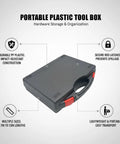 Durable Portable Plastic Tool Box For Hardware Organization With A Secure Lid Keeps Screws Nails And Bits Contained On The Go Great For DIYers And Pros In The Garage Or Shop In Multiple Sizes shown with secure red latches and impact-resistant plastic.