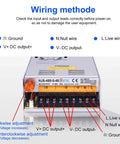 AC To DC Converter Power Supply 110 to 220V To 0 to 48V Adjustable DC Output Beefy 480W Peak 10A Max Digital LED Display showing wiring diagram