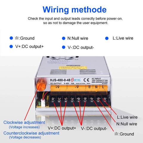 AC To DC Converter Power Supply 110 to 220V To 0 to 48V Adjustable DC Output Beefy 480W Peak 10A Max Digital LED Display showing wiring diagram