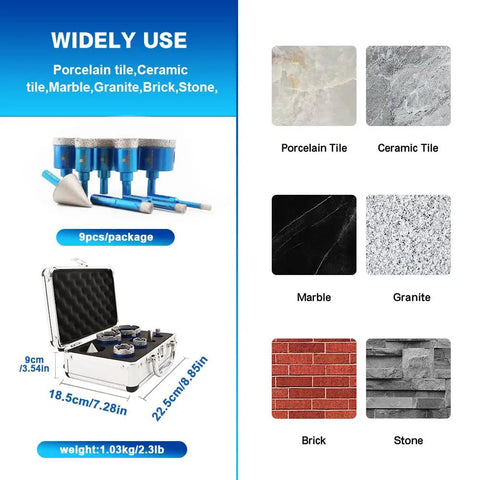Diamond Core Drill Bit Set With 9 Diamond Bits And 1 Chamfer Bit For Porcelain Tile Ceramic Marble Granite Drilling image