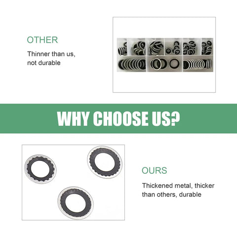 Comparison of air conditioning compressor port seal washers showing thicker durable washers versus thinner alternatives.