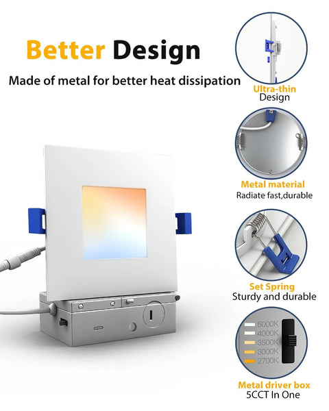 Adetu 4 inch Square Led Recessed Lighting, Ultra Thin Ceiling Light, 4 Pack with metal housing and 5CCT settings feature.