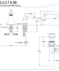 Detailed technical drawing of an Old School Victorian Widespread Bathroom Faucet In Brushed Nickel, Solid Brass Build With Duraseal Washerless Cartridge, 8 to 16 inch spread for 3 hole deck mount install, drip free one half inch IPS connection, featuring dimensions and assembly instructions.