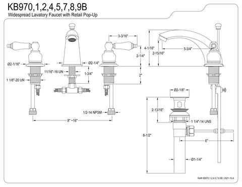 Detailed technical drawing of an Old School Victorian Widespread Bathroom Faucet In Brushed Nickel, Solid Brass Build With Duraseal Washerless Cartridge, 8 to 16 inch spread for 3 hole deck mount install, drip free one half inch IPS connection, featuring dimensions and assembly instructions.