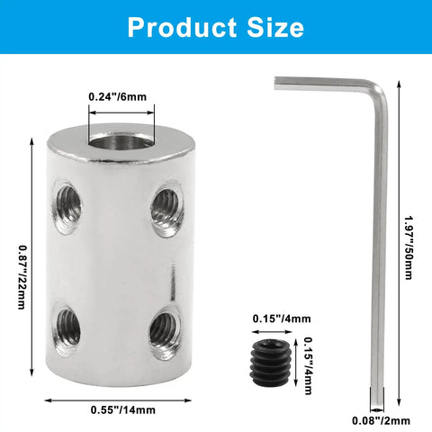 Two Pack 6mm To 6mm Rigid Shaft Couplers, Stainless Steel, shown with dimensions and included hex key