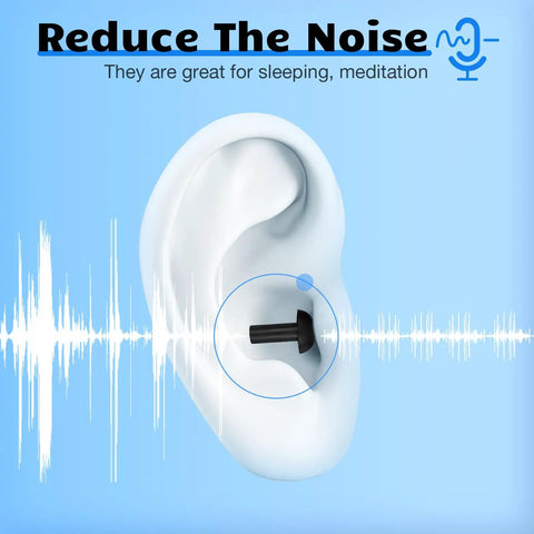 Premium Silicone Earplugs Bulk Pack of 150 Pairs, black earplug in ear illustration for noise reduction and sleep.