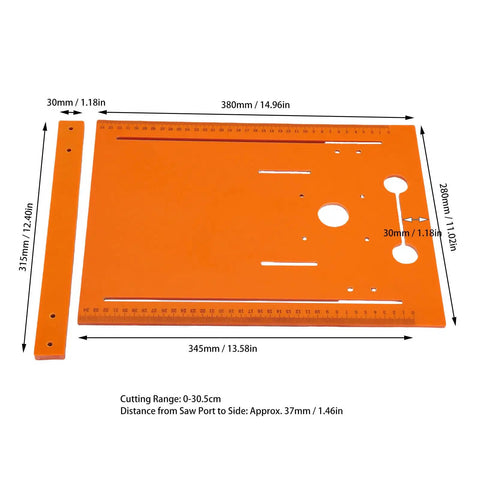 Heavy Duty Circular Saw Base Plate For Router Table Insert with dimensions, orange hard plastic for clean woodworking cuts.