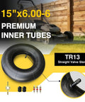 Heavy Duty 2 Pack 15x6.00-6 Inner Tubes With TR13 Straight Valve Stem displayed with lawn mower background
