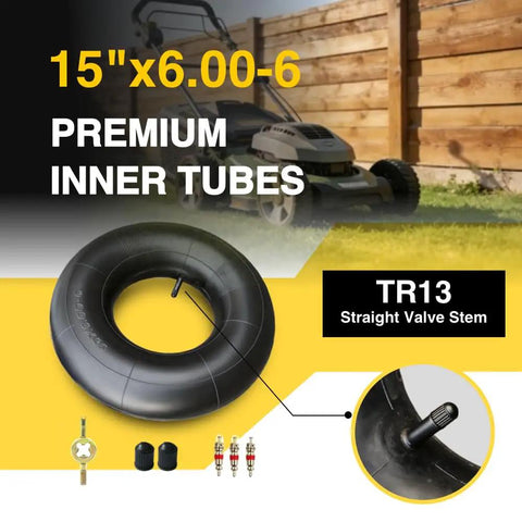 Heavy Duty 2 Pack 15x6.00-6 Inner Tubes With TR13 Straight Valve Stem displayed with lawn mower background