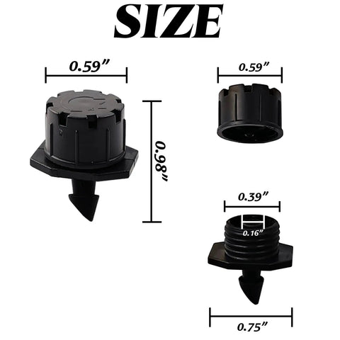 200 Pack Adjustable Drippers For Micro Irrigation, One Quarter Inch Barbed Emitter Sprinklers, dimensions view